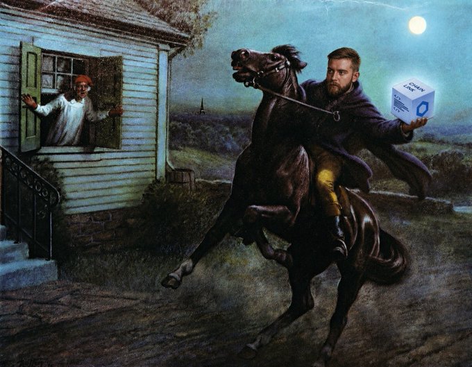 A digitally edited image recreating the classic 'Paul Revere' painting, but substituting the rider's head with Jared Leto's face holding a 'CHAIN LINK' product box while riding a rearing horse at night.