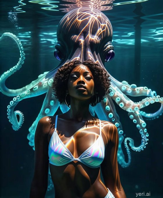 The image features a woman wearing a bikini top, with an octopus head above her. The background of the photo shows water surrounding them both, creating a surreal atmosphere. The caption for this image reads "UNMINTED_NEON // SIREN - UNRELEASED Each Piece Limited. Global Collector Network". This post is about owning a unique and rare piece of art or an item that has been released exclusively to collectors worldwide.