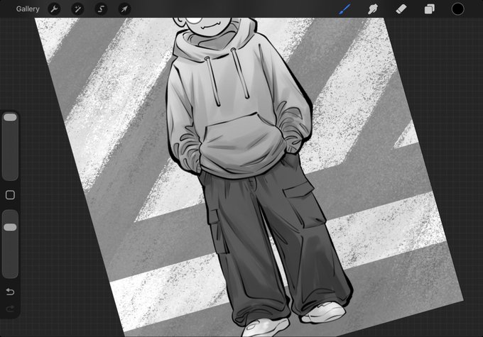 A digital illustration in Procreate shows a stylized character wearing a hoodie and cargo pants standing on a crosswalk, in grayscale with bold linework. The image relates to the post as artwork showcasing the artist's custom illustration style, likely a piece by or featuring @heyitsnemo_ in collaboration with @doodles.
