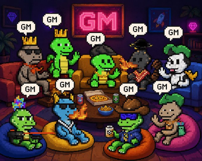 A pixel art scene of various cartoon characters including dragons and a cowboy sitting around a coffee table with pizza, each with 'GM' speech bubbles above them, under a pink neon 'GM' sign.