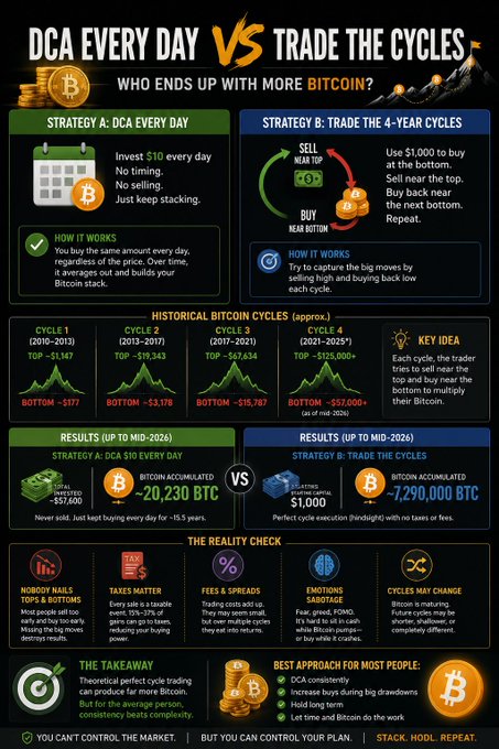 An infographic comparing "DCA EVERY DAY" versus "TRADE THE CYCLES" investment strategies for Bitcoin, showing historical data and outcomes.
