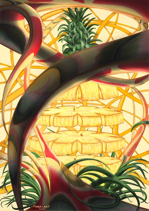 A vibrant digital painting featuring a pineapple behind twisting, colorful organic shapes and stacked yellow geometric forms, signed 'TONARI.ART 2020'.