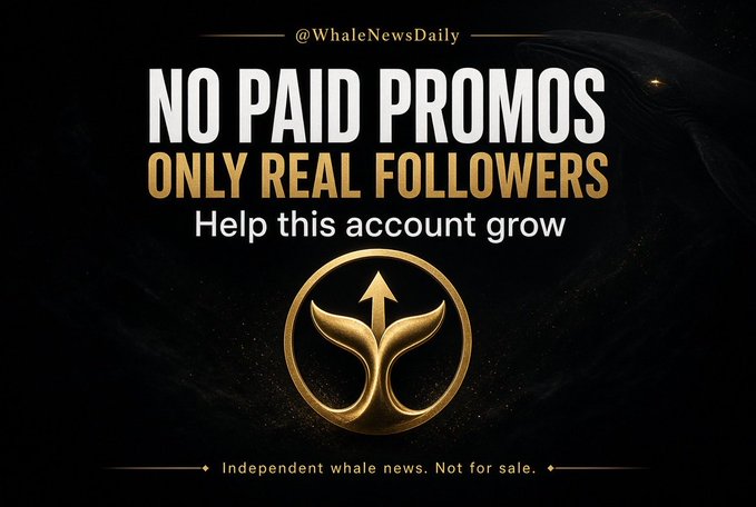 A promotional graphic with a black and gold theme featuring a whale logo and text reading 'NO PAID PROMOS ONLY REAL FOLLOWERS' from @WhaleNewsDaily.