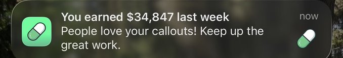 The image shows a notification reading "You earned $34,847 last week. People love your callouts! Keep up the great work." alongside a green pill icon. It directly illustrates the accompanying claim of $34,847 earned in one week from a phone without trading.