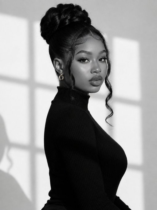 A black-and-white portrait of a woman with dark hair styled in a high bun with loose curls framing her face, wearing a black turtleneck and small hoop earrings.