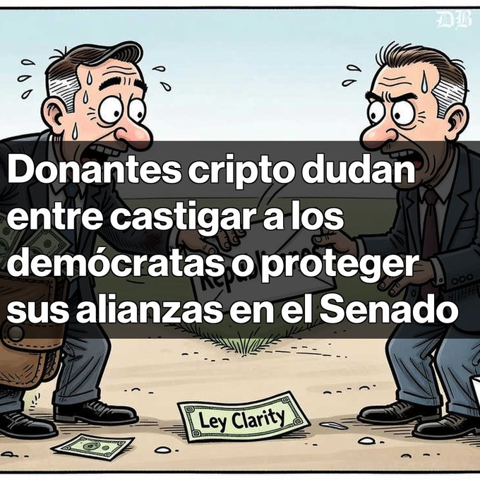 A political cartoon showing two sweating men in suits holding a "Reform" sign, with a "Ley Clarity" document on the ground, overlaid with Spanish text: "Donantes cripto dudan entre castigar a los demócratas o proteger sus alianzas en el Senado".