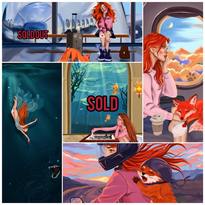A collage of digital illustrations featuring a red-haired woman in various scenes including an airport, underwater, playing chess, and riding a motorcycle with a fox; several panels are marked 'SOLD OUT' or 'SOLD'.