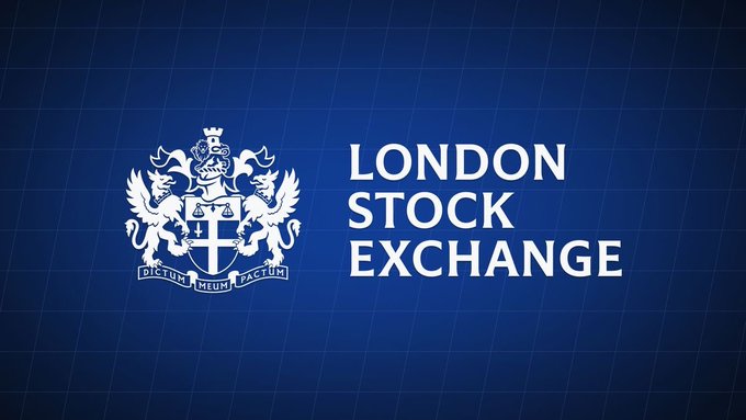 The London Stock Exchange logo featuring a coat of arms with the motto 'DICTUM MEUM FACTUM' appears on a blue grid background.