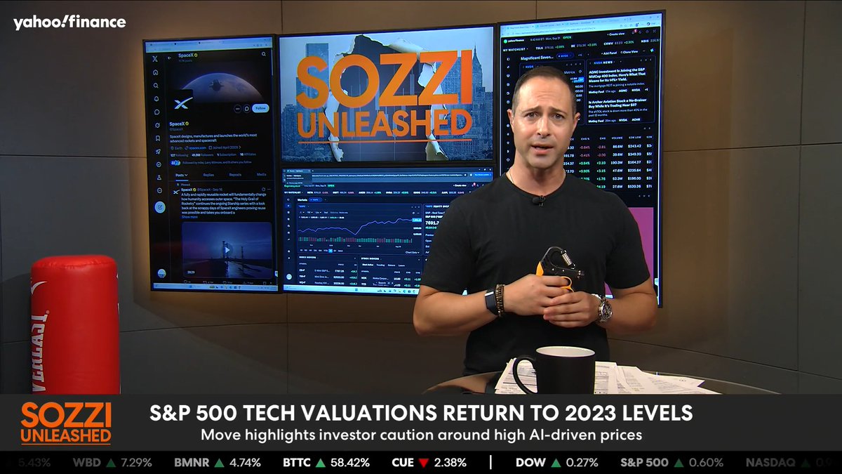 A man on the Yahoo Finance set of "Sozzi Unleashed" holds a remote in front of multiple screens displaying SpaceX's X platform, financial data, and the show's logo, with the headline "S&P 500 TECH VALUATIONS RETURN TO 2023 LEVELS" and ticker tape showing BTC up 58.42%, fitting the bullish crypto sentiment of Eric Jackson's Bitcoin $100K prediction.