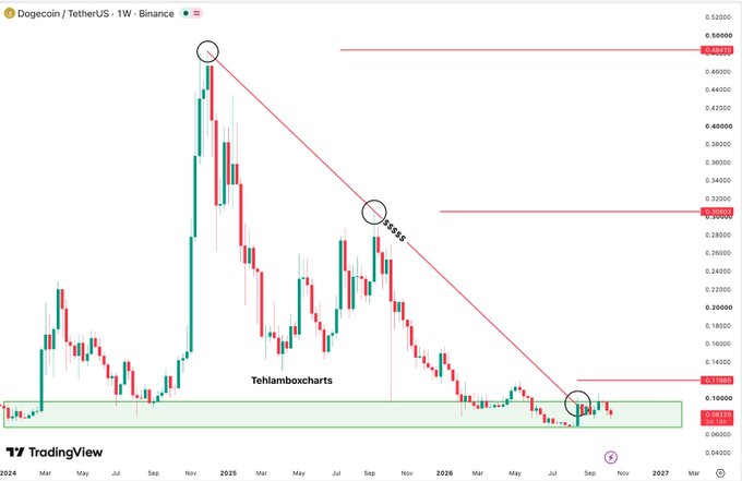 A TradingView weekly candlestick chart of Dogecoin/TetherUS (DOGEUSDT) on Binance shows a descending trendline with key resistance levels marked at approximately 0.11100, 0.32000, and 0.49847.