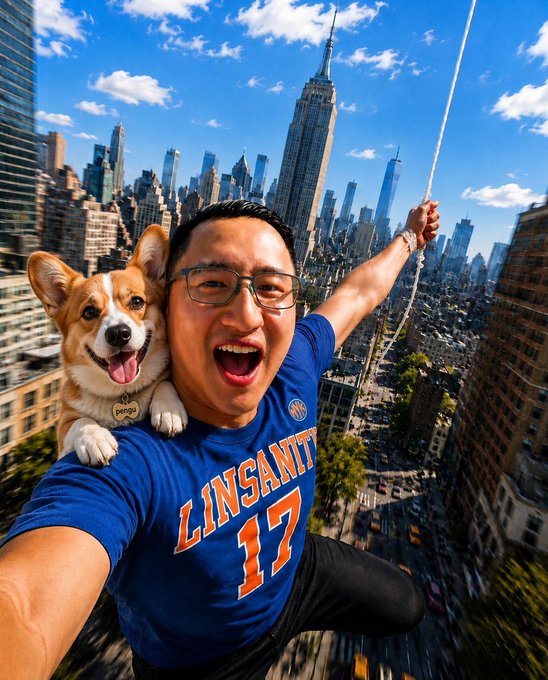 A man takes an extreme selfie while hanging from a rope high above the NYC skyline (featuring the Empire State Building and One World Trade Center), with a happy Corgi perched on his shoulder. He wears a blue jersey reading "LINSANITY 17" and appears to be gripping a harness strap overhead, matching the post's excitement about his upcoming NYC trip.