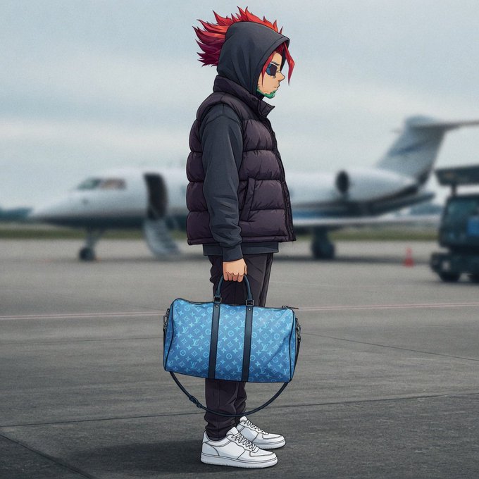 An anime-style illustration depicts a character with spiky red hair, sunglasses, and a dark puffer vest holding a blue monogrammed duffel bag on a tarmac with a private jet in the background.