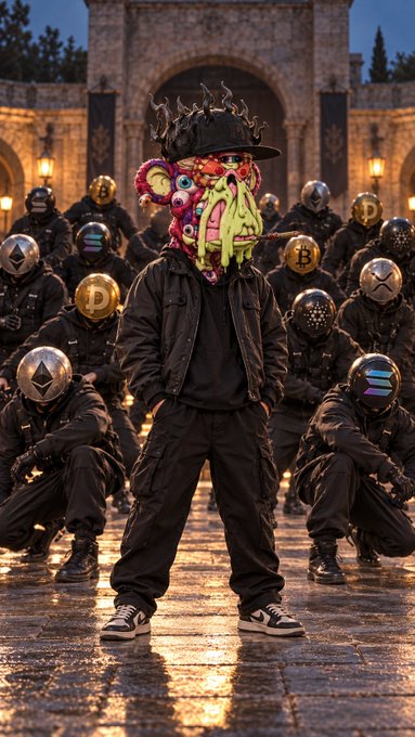 A person wearing a colorful, monstrous mask, a black hat, and black clothing stands in front of a group of people wearing black tactical gear and metallic masks, posed in a courtyard.