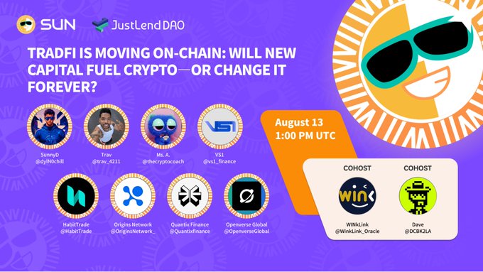 Promotional graphic for a SUN and JustLend DAO Twitter Space titled "TRADFI IS MOVING ON-CHAIN: WILL NEW CAPITAL FUEL CRYPTO—OR CHANGE IT FOREVER?" scheduled for August 13 at 1:00 PM UTC, featuring hosts and guests including @dyINDeNB, @tracy_4211, @thecryptocoach, @svt_finance, @HabitTrade, @OriginsNetwork_, @QuantixFinance, and @OpenverseGlobal, cohosted by @WinkLink_Oracle and @DCPGLA. The image visually supports the post's discussion about TradFi liquidity deploying onto blockchain rails, showcasing the panel of crypto and finance experts who will explore the intersection of traditional finance and decentralized ecosystems.