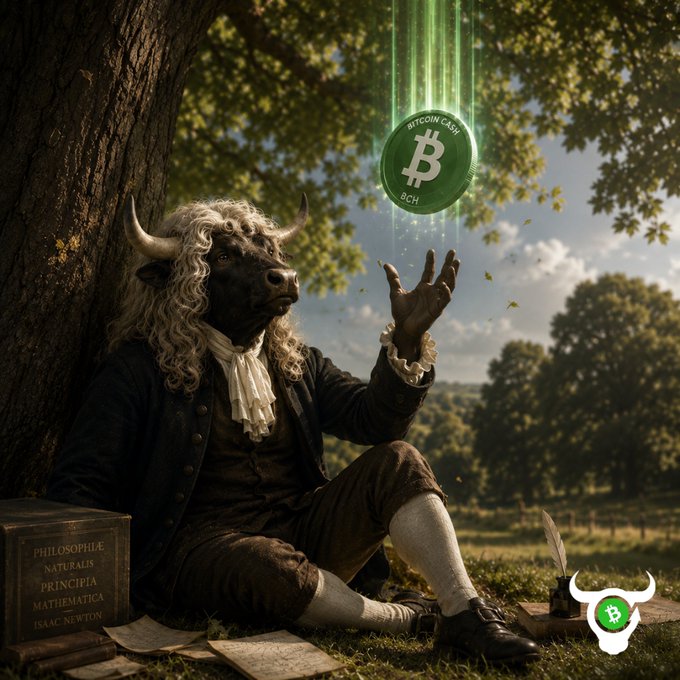 An anthropomorphic bull dressed in 17th-century attire, resembling Isaac Newton, sits under a tree reaching toward a glowing green Bitcoin Cash (BCH) coin where an apple would traditionally fall, with a stack of books labeled "Philosophiae Naturalis Principia Mathematica" and "Isaac Newton" beside him—cleverly reimagining Newton's famous apple moment as a crypto "aha" moment for Bitcoin Cash.

Caption: A bull-headed Isaac Newton figure reaches up as a glowing Bitcoin Cash (BCH) coin descends from the tree instead of an apple, with his "Principia Mathematica" nearby—playfully asking if the crypto "apple" has finally fallen for you.