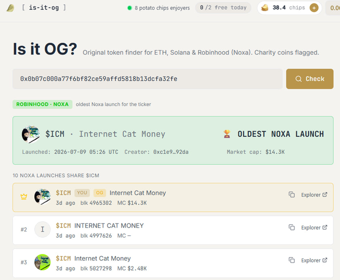 A screenshot of the "is-it-og" tool showing a token lookup for ticker $ICM (Internet Cat Money) on Robinhood's Noxa chain, displaying it as the "OLDEST NOXA LAUNCH" launched on 2026-07-09 with creator 0xc1e9...92da and a $14.3K market cap, alongside 10 related Noxa ticker variations. The image illustrates the post's point that the tool now reads Robinhood/Noxa tokens to identify OGs before the chain's update freezes the existing launches.