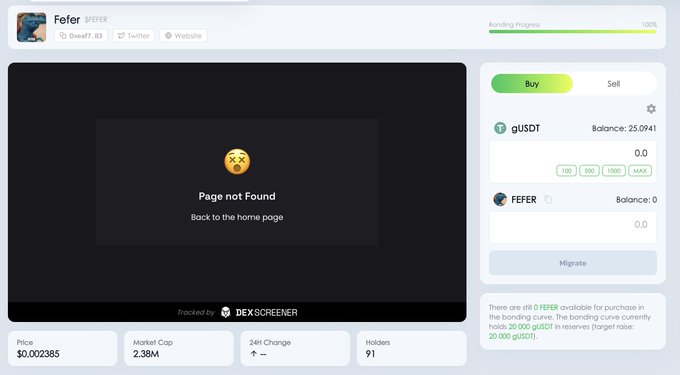 A screenshot of the $FEFER token page on Stable shows a "Page not Found" error despite the bonding curve being 100% complete, with a price of $0.002385, market cap of 2.38M, 91 holders, and a note indicating zero $FEFER available since the 20,000 gUSDT bonding curve has been filled.