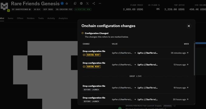 A screenshot of the Rare Friends Genesis NFT page showing an 'Onchain configuration changes' modal with multiple drop configuration file updates (35 minutes ago, 13 hours ago, 19 hours ago, 20 hours ago).