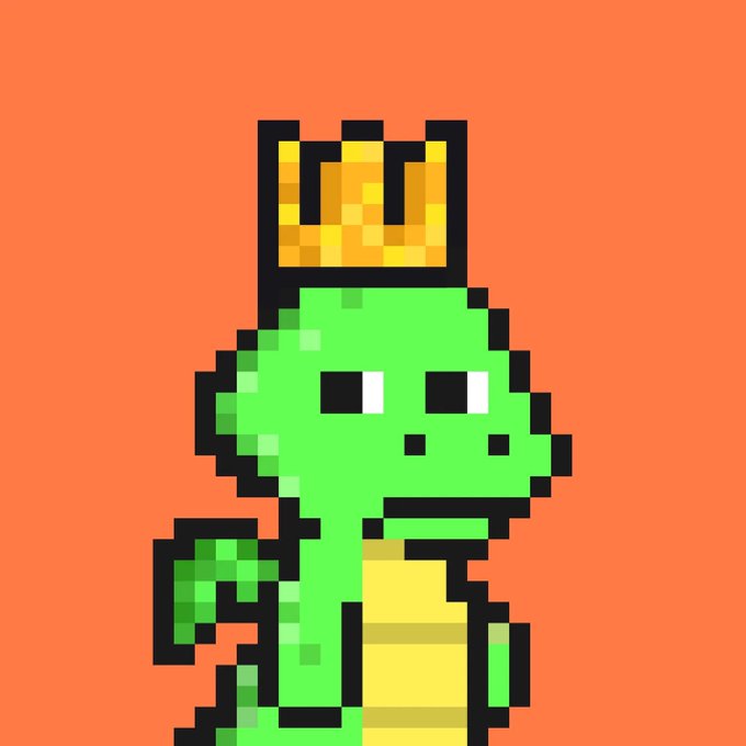 A pixel art illustration of a green dinosaur/reptile character wearing a golden crown against a solid orange background.