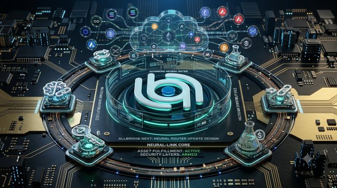 A futuristic digital graphic showing a glowing 'Ub' logo on a circuit board platform with the text 'ALLBRIDGE NEXT: NEURAL ROUTER UPDATE DESIGN' and 'NEURAL-LINK CORE'.