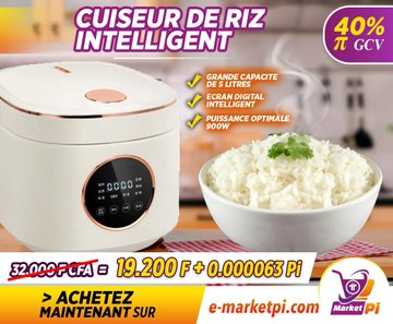An advertisement for an 'Intelligent Rice Cooker' (Cuiseur de Riz Intelligent) in French, featuring a 40% discount badge (19,200 FCFA), an image of the white cooker, and a bowl of white rice.