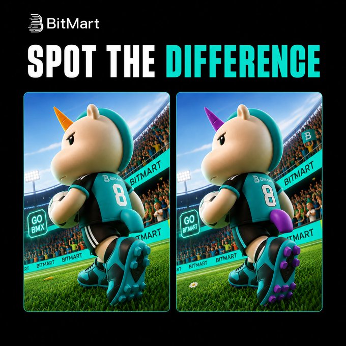 A BitMart 'SPOT THE DIFFERENCE' promotional image showing two side-by-side illustrations of a unicorn soccer player, with differences in the horn color (orange vs. purple) and shoe colors.