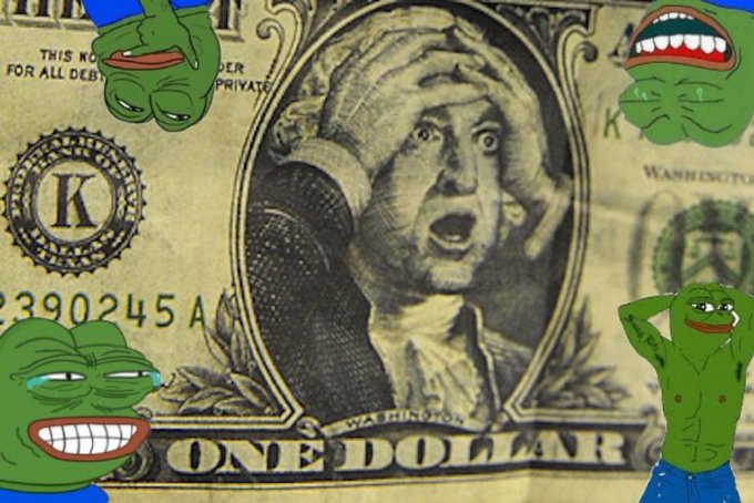 A distressed George Washington on a US one-dollar bill is surrounded by Pepe the Frog memes, visually expressing the wish that $PEPE reaches $1 in value.
