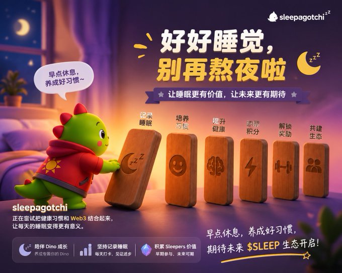 A colorful promotional graphic for Sleepagotchi features a green dinosaur character pushing a wooden moon block, surrounded by six additional wooden blocks labeled with Chinese text (记录睡眠, 培养习惯, 提升健康, 累积积分, 解锁奖励, 共建生态), reinforcing the post's message about building healthy sleep habits through Web3 with the $SLEEP token. The headline "好好睡觉，别再熬夜啦" and tagline "早点休息，养成好习惯，期待未来 $SLEEP 生态开启!" echo the post's call to embrace quality sleep as a meaningful investment.