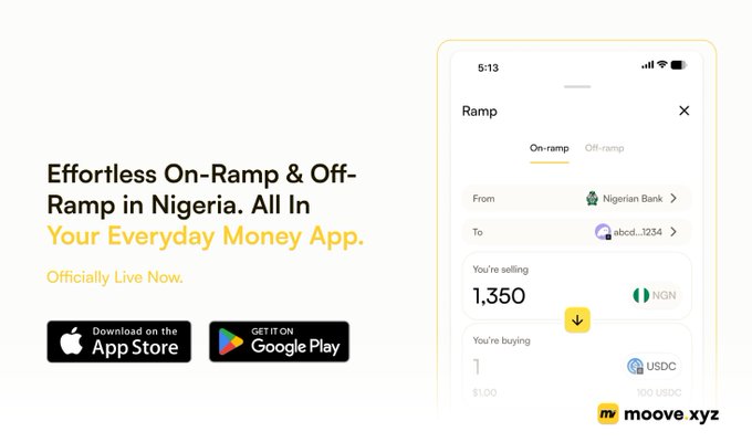 Moove xyz app advertisement reading 'Effortless On-Ramp & Off-Ramp in Nigeria. All In Your Everyday Money App. Officially Live Now.' showing a phone screen with a Ramp interface converting 1,350 NGN to USDC.