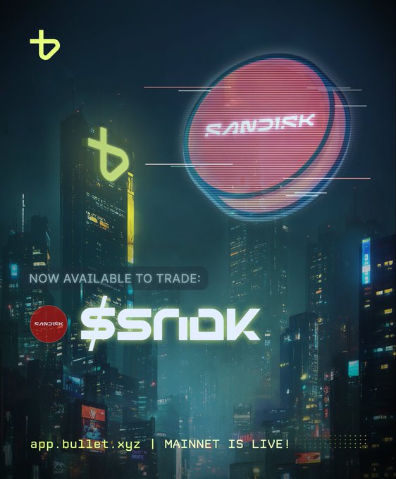 A cyberpunk-styled promotional graphic announcing '$SRIDK' (RANDISK) now available to trade on app.bullet.xyz, with 'MAINNET IS LIVE!' displayed at the bottom.