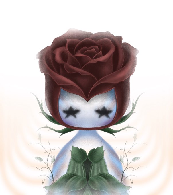 A surreal digital artwork shows a dark red rose blooming from a pale, cat-like face with star-shaped eyes, mirrored symmetrically below.