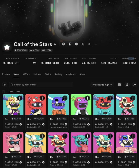 A screenshot of an NFT marketplace listing "Call of the Stars" showing collection stats (floor price 0.0036 ETH, total volume 24.05 ETH) above a grid of colorful cartoon character NFTs on Ethereum.