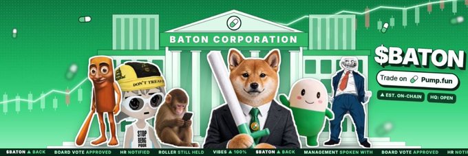 The image is a promotional banner for the Solana token $BATON, featuring various meme characters (including Doge, Wojak, and Pepe) holding the baton, set against a green background labeled "BATON CORPORATION" with a building and stock chart graphic. Text indicates the token trades on Pump.fun, with an EST. ON-CHAIN and HQ: OPEN status, aligning with the post announcing the new banner image on Moby.