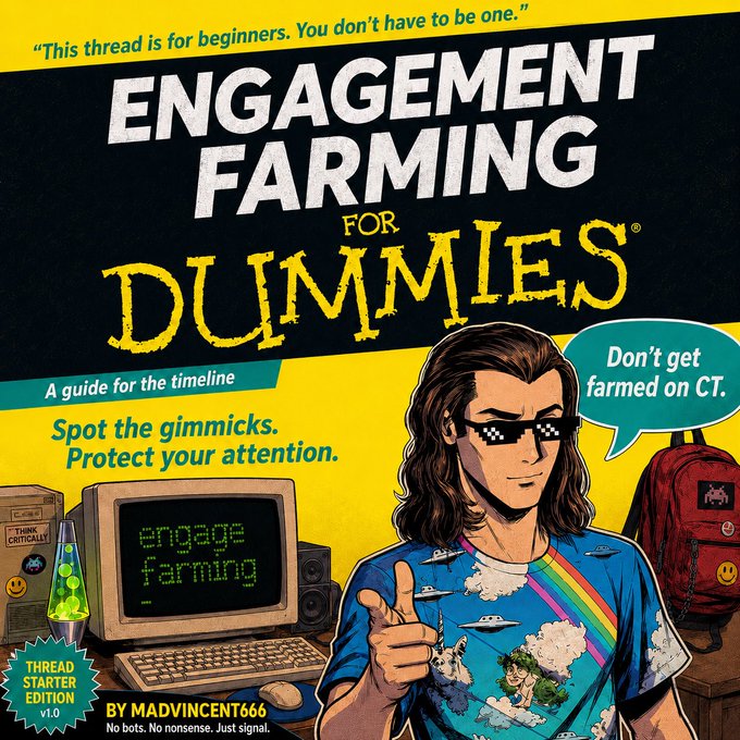 The image is a satirical "For Dummies" style book cover titled "ENGAGEMENT FARMING FOR DUMMIES" with the tagline "Don't get farmed on CT," featuring an illustrated figure in pixelated sunglasses pointing at the viewer, and a speech bubble stating "This thread is for beginners. You don't have to be one." It directly illustrates the post's message by visually mocking the manipulative tactics people use on Crypto Twitter to farm engagement, with supporting text like "Spot the gimmicks. Protect your attention" and "THREAD STARTER EDITION v1.0" by "MADVINCENT666."