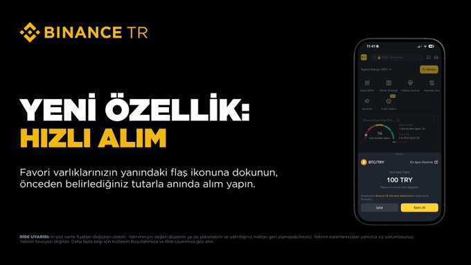 A Binance TR promotional banner announcing a new feature 'HIZLI ALIM' (Quick Buy) in Turkish, showing a mobile app interface on the right side.