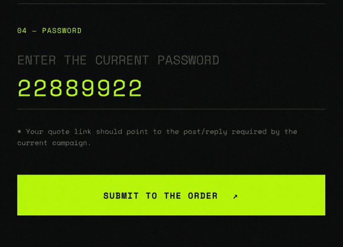 A dark-themed password entry screen with green neon text shows "04 - PASSWORD," prompting to "ENTER THE CURRENT PASSWORD" with the numeric code "22889922" displayed, a note about quote links pointing to a required post/reply for the current campaign, and a green "SUBMIT TO THE ORDER" button—tying into the post's call to act quickly on the "neckedmonk.xyz" free mint campaign.