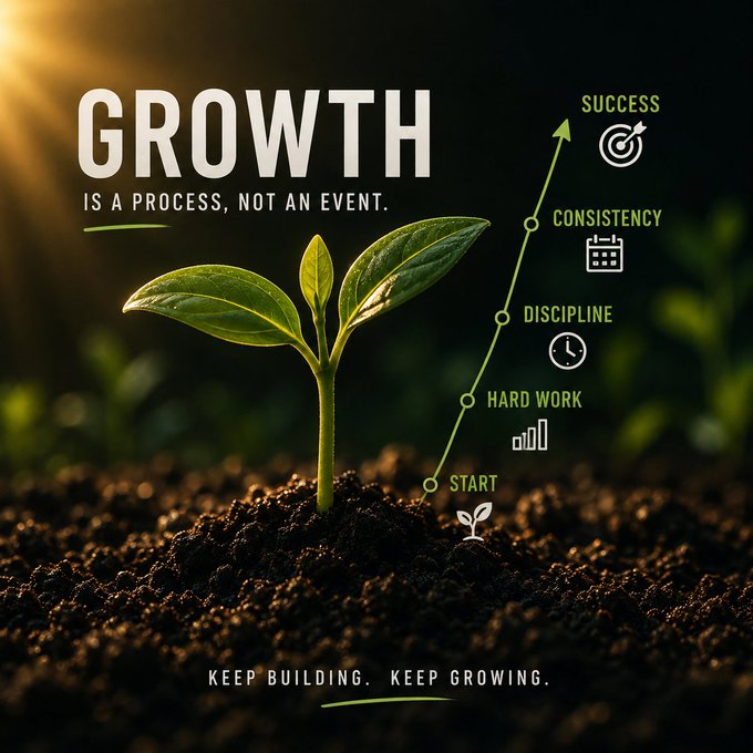 Motivational graphic titled 'GROWTH IS A PROCESS, NOT AN EVENT' featuring a small green plant sprout in soil with an arrow diagram showing progression from 'START' through 'HARD WORK', 'DISCIPLINE', 'CONSISTENCY' to 'SUCCESS', ending with 'KEEP BUILDING. KEEP GROWING.'