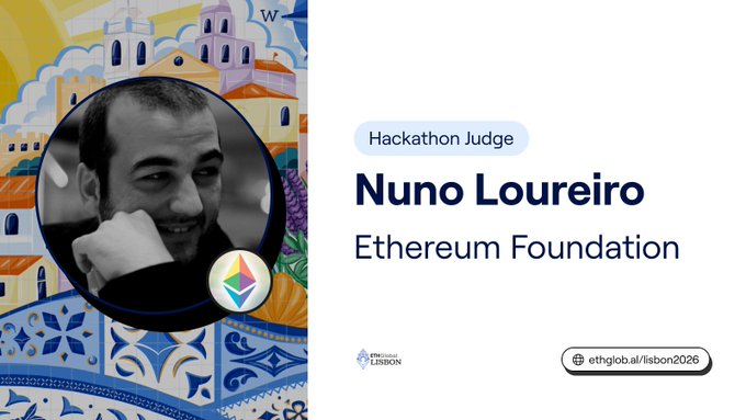 A profile card for Hackathon Judge Nuno Loureiro from the Ethereum Foundation, featuring his photo, the Ethereum logo, and the URL 'ethglobal.com/lisbon2026'.