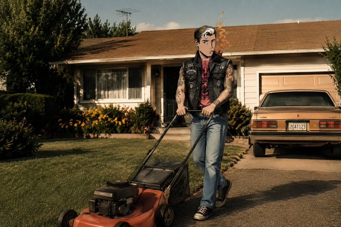 The image features a man wearing a black vest, walking down a driveway with an orange lawn mower behind him. The man appears to be pushing the mower while looking at something off-camera. In the background, there are two cars parked in front of a house and another car further away on the street. A post is also visible in the scene.
