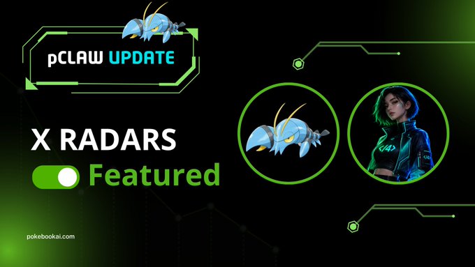 The image shows a poster for the update of a PCLaw feature that includes a picture of two creatures next to each other, with "X radars" written below them and "@agent4_bsc free API" above. The text states that users can now access and monitor X data directly through pCLAW, powered by @BNBCHAIN's AI agent platform. The main focus of the image is on this feature update in PCLaw, creating an emphasis on the integration of the new system into the game.