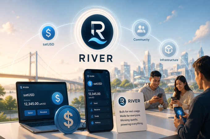 A promotional image for the RIVER platform featuring satUSD stablecoin, showing people using the app on phones and a laptop with the text 'Built for real usage. Made for everyone.'