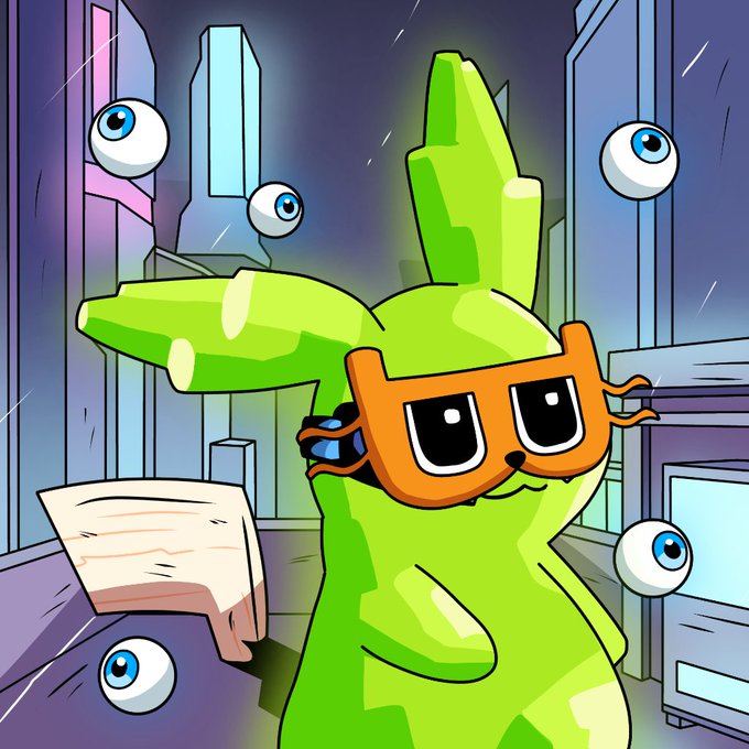 A colorful cartoon illustration of a green rabbit-like character wearing an orange diving mask, surrounded by floating eyeballs against a stylized cityscape background.