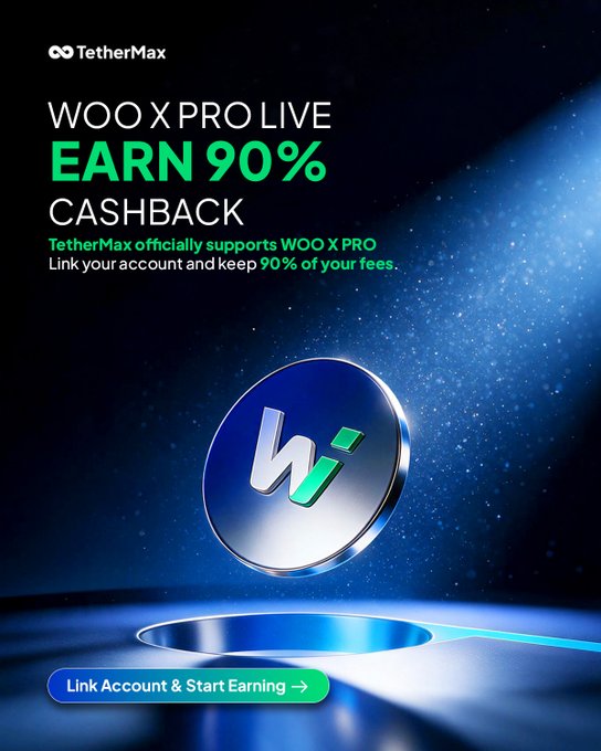 TetherMax promotional graphic advertising 'WOO X PRO LIVE EARN 90% CASHBACK' with text 'TetherMax officially supports WOO X PRO. Link your account and keep 90% of your fees' and a 'Link Account & Start Earning' button.