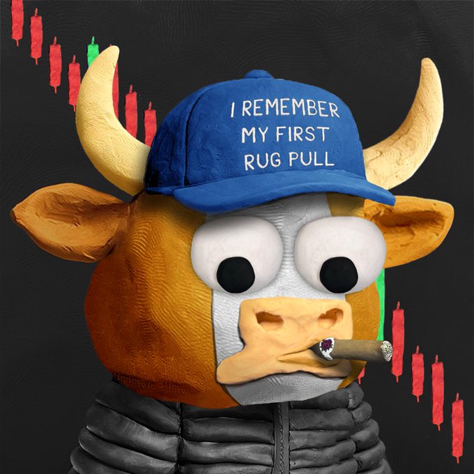 A 3D-rendered bull character wearing a blue cap that reads "I REMEMBER MY FIRST RUG PULL" smokes a cigar while standing before a backdrop of red and green candlestick charts, visually satirizing the post's lament about trading memecoins and NFTs only to end up as an active community member with no remaining assets after being "rug pulled."