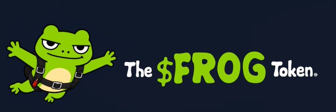 A green cartoon frog wearing overalls next to the text 'The $FROG Token.' on a dark background.