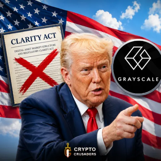 A composite image features Donald Trump pointing, set against an American flag backdrop with a document titled 'CLARITY ACT - Digital Asset Market Structure and Regulatory Clarity Act' crossed out with a red X, alongside the Grayscale logo and a 'Crypto Crusaders' watermark.