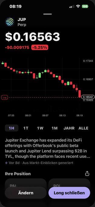 The image displays a cell phone screen showing a stock charting app with a graph indicating a downward trend in stock prices, possibly for JUP or another trading platform.