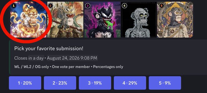 A poll screen titled "Pick your favorite submission!" shows five different artworks with vote percentages, with option 1 circled in red (20%).