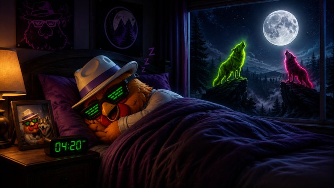 A child wearing a fedora and matrix-style "ZZZ" sunglasses sleeps in bed at 04:20, while two neon wolves—one green, one pink—howl at the full moon outside the window, tying into the "The wolves will howl! $PACK" theme of a crypto meme pack.