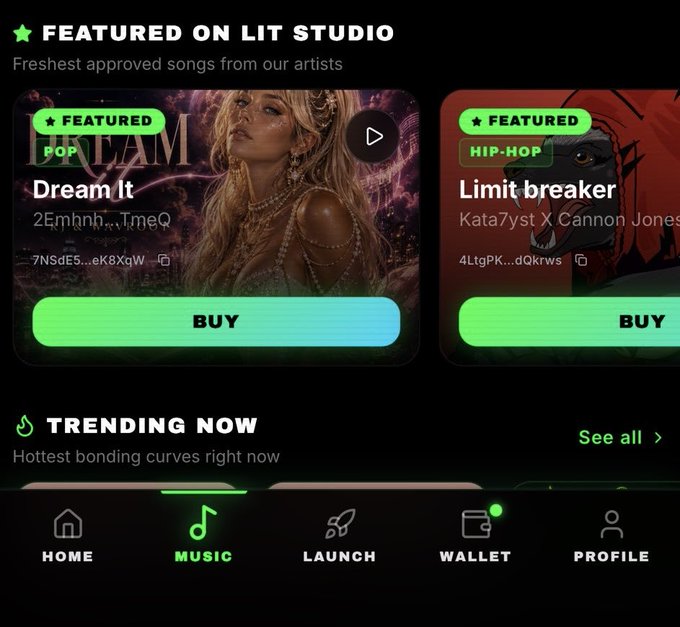 A screenshot of the Lit Studio app showing 'FEATURED ON LIT STUDIO' with two featured songs, 'Dream It' (Pop) and 'Limit breaker' (Hip-Hop), both with 'BUY' buttons, and a 'TRENDING NOW' section below.